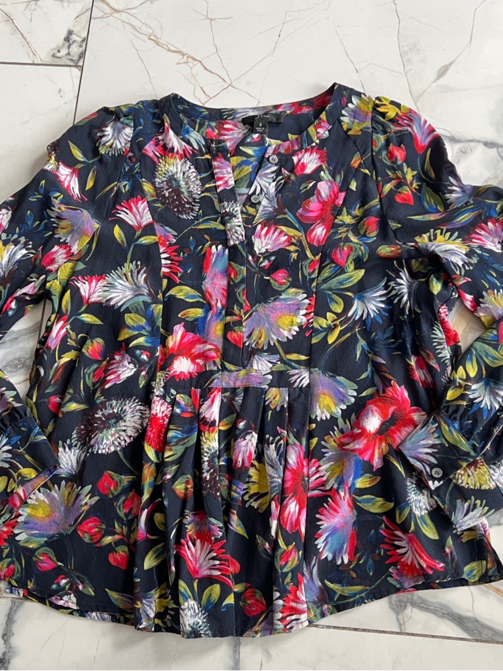 J Crew Floral Button-Front Long-Sleeve Pintuck Popover Silk Blouse Top Small